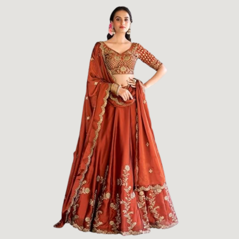 Women's Orange Sequence Embroidery Work Silk Semi-Sttiched Lehenga Choli